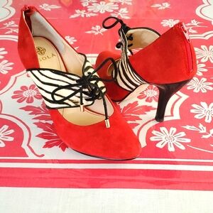 Isola sz 7 fire red suade and zebra hair heels